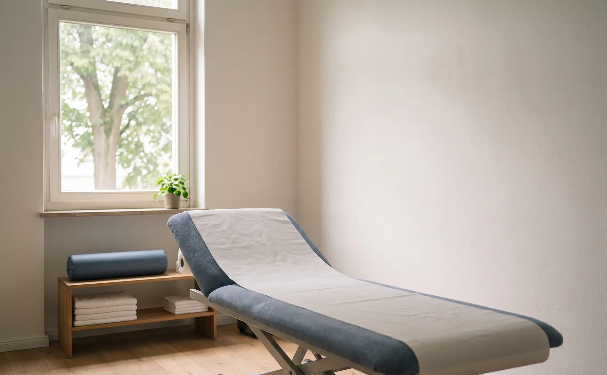 Ruhiger Behandlungsraum einer Physiotherapiepraxis mit Behandlungsliege am Fenster.
