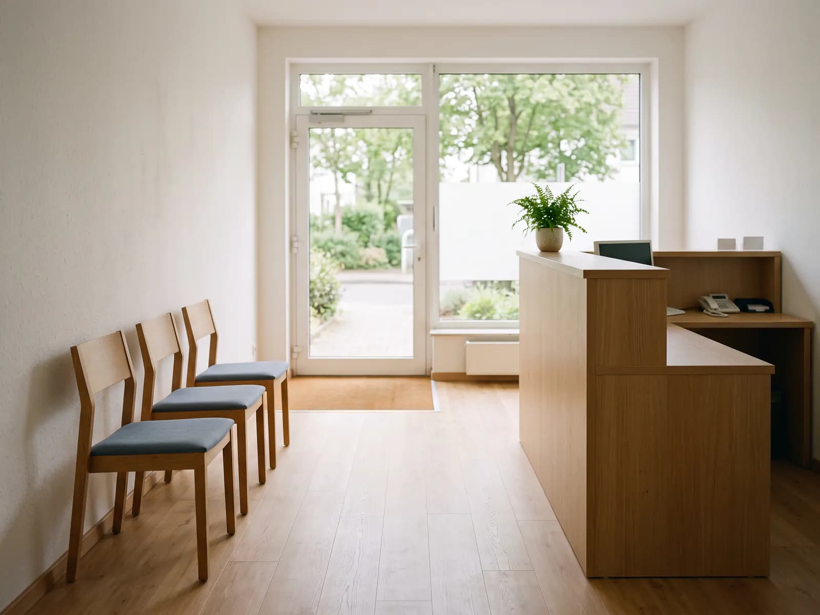 Heller, ebenerdiger Empfangs- und Wartebereich einer Physiotherapiepraxis.