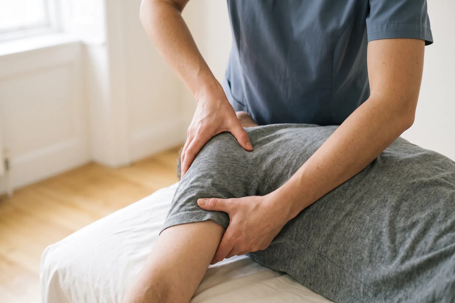 Hände einer Physiotherapeutin bei einer manuellen Behandlung am Knie einer bekleideten Patientin.